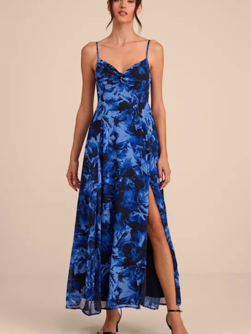 Lulu’s Beautiful Soul Blue Floral Print Twist-Front Maxi Dress